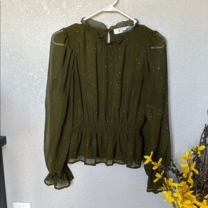 Olive Pleated Long Sleeve Blouse with Ruffled Hem